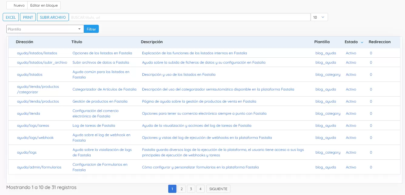 Opciones de los listados