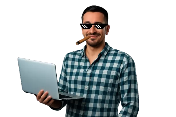 Diseñador web con pc, con gafas y puro thug life, en fondo paradisiaco