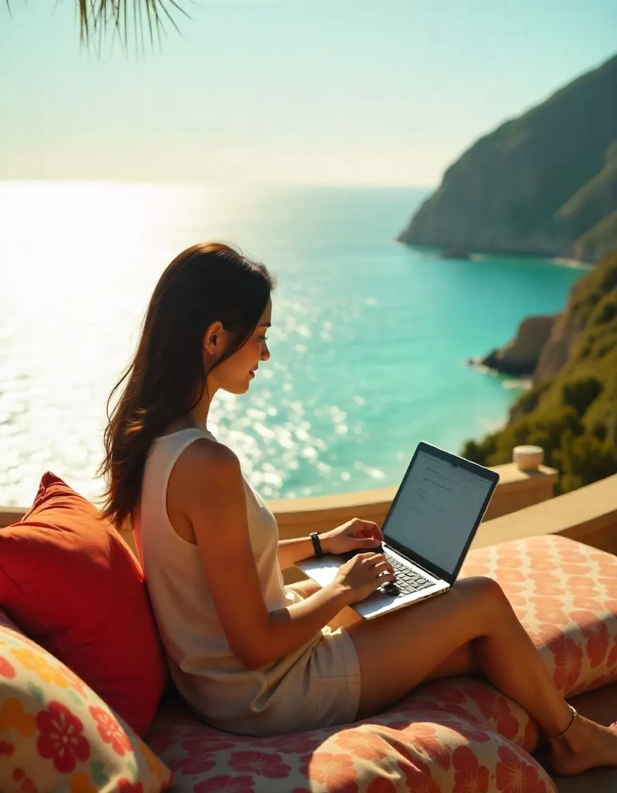 Diseñadora independiente trabajando en un sitio de costa