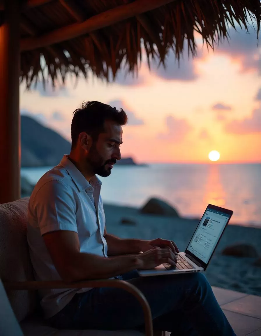 Diseñador independiente trabajando en un sitio de costa