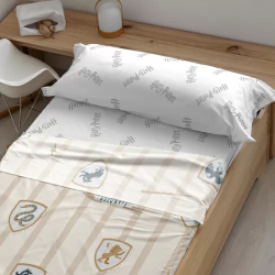 JUEGO DE SÁBANAS CON ALMOHADA Y BAJERA ESTAMPADAS 100% ALGODÓN MODELO HOGWARTS CLASSIC PARA CAMA DE 90.