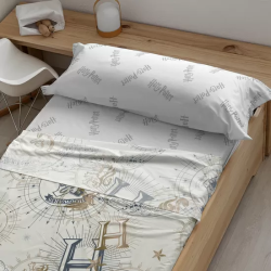 JUEGO DE SÁBANAS CON ALMOHADA Y BAJERA ESTAMPADAS 100% ALGODÓN MODELO HPOTTER GOLD BEIGE PARA CAMA DE 90.