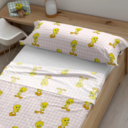 JUEGO DE SÁBANAS CON ALMOHADA Y BAJERA ESTAMPADAS 100% ALGODÓN MODELO TWEETY VICHY PINK PARA CAMA DE 105.