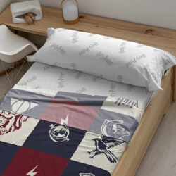 JUEGO DE SÁBANAS CON ALMOHADA Y BAJERA ESTAMPADAS 100% ALGODÓN MODELO HOGWARTS CUADROS AZUL PARA CAMA DE 105.