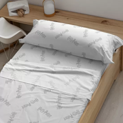 JUEGO DE SÁBANAS CON ALMOHADA Y BAJERA ESTAMPADAS 100% ALGODÓN MODELO HARRY POTTER PARA CAMA DE 105.