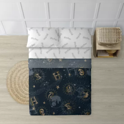 JUEGO DE SÁBANAS CON ALMOHADA Y BAJERA ESTAMPADAS 100% ALGODÓN MODELO HPOTTER GOLD PARA CAMA DE 105.