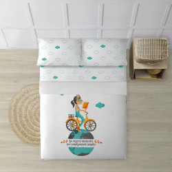 JUEGO DE SÁBANAS CON ALMOHADA Y BAJERA ESTAMPADAS A JUEGO 100% ALGODÓN MODELO BICI PARA CAMA DE 135/140 (210X270)