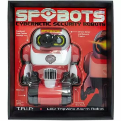 ROBOT SPYBOTS T.R.I.P.CON SU PROYECTOR LED EMITE EL LOGO AVISANDO A LOS POSIBLES INTRUSOS QUE LA ZONA ESTÁ PROTEGIDA POR LOS SPYBOTS