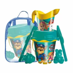 MOCHILA CUBO PLAYA CASTILLO PAW PATROL CON CEDAZO, PALA, RASTRILLO Y MOLDES 18 CM