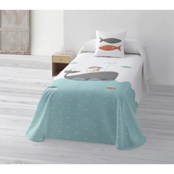 JUEGO DE SÁBANAS CON ALMOHADA Y BAJERA ESTAMPADAS A JUEGO 100% ALGODÓN MODELO BALLENA PARA CAMA DE 105.