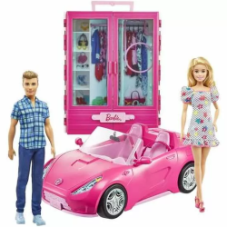 MUÑECA BARBIE Y KEN CON SU ARMARIO Y COCHE DESCAPOTABLE ROSA DE DOS PLAZAS. INCLUYE ACCESORIOS.