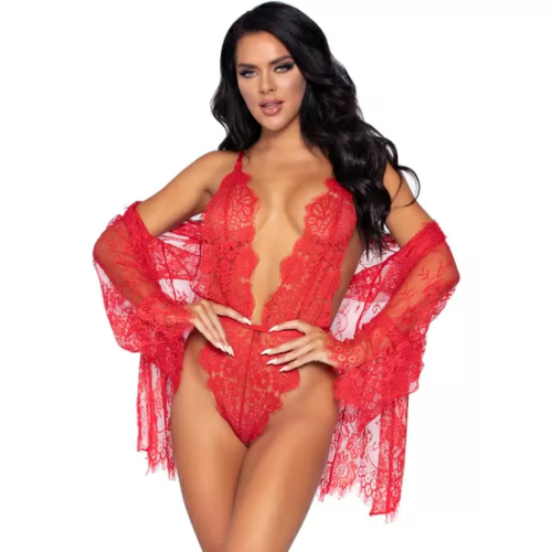 LEG AVENUE - FLORAL LACE TEDDY & ROBE - ROJO