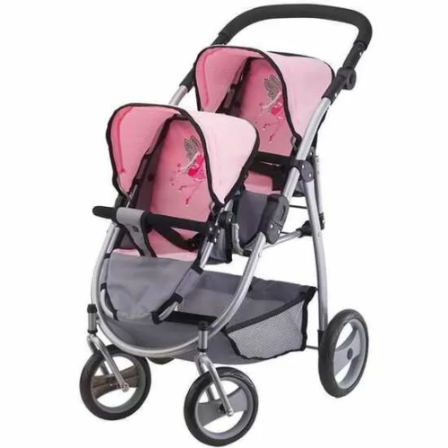 COCHE DE MUÑECA GEMELAR GRIS/ROSA 76X63X4 6CM