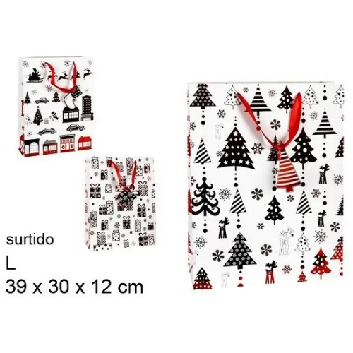 BOLSA REGALO NAVIDAD DECORADO NEGRO/ROJO SURTIDO L 39X30X12CM