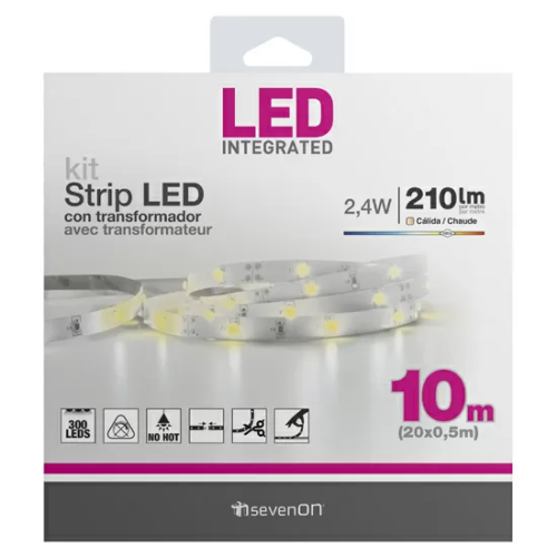 KIT TIRA LED 10M CALIDA 3000K CON TRANSFOMADOR RECORTABLE Y ENLAZABLE