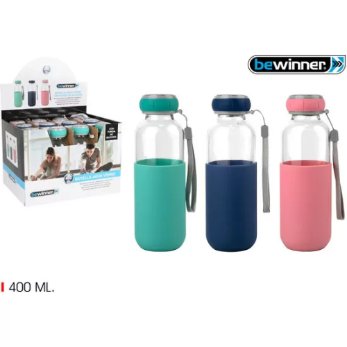 BOTELLA AGUA VIDRIO SILICONA 400 BEWIN