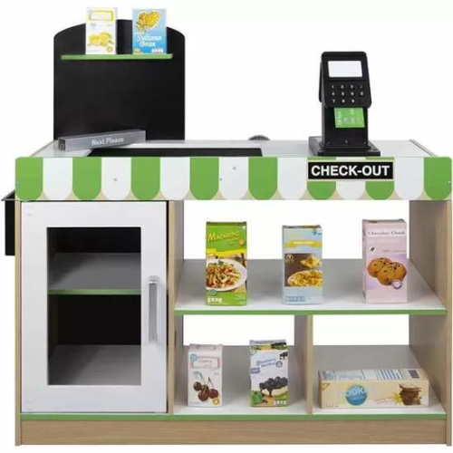 SUPERMERCADO DE MADERA CON 25 ACCESORIOS Y CAJA REGISTRADORA ELÉCTRICA 80X30XH80 CM