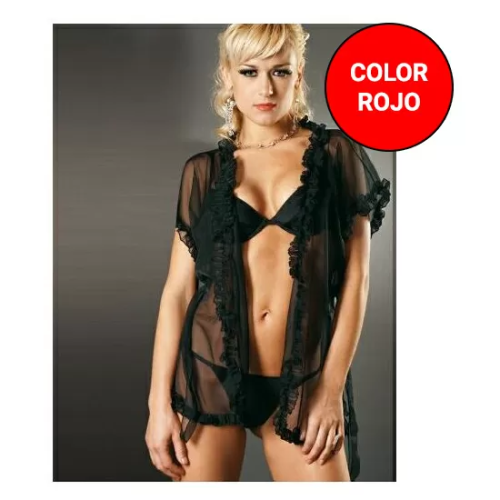 SENSUAL BATA SEXY DE MICROTUL TIPO CAMISOLA CON APERTURA DELANTERA Y VOLANTES PLISADOS ROJO