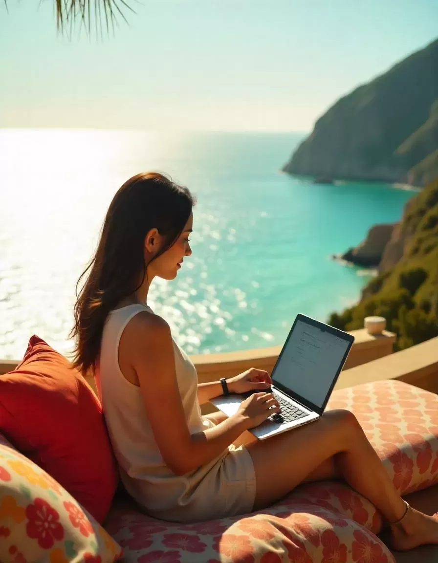 Chica trabajando con su portátil al aire libre, en un sitio de costa