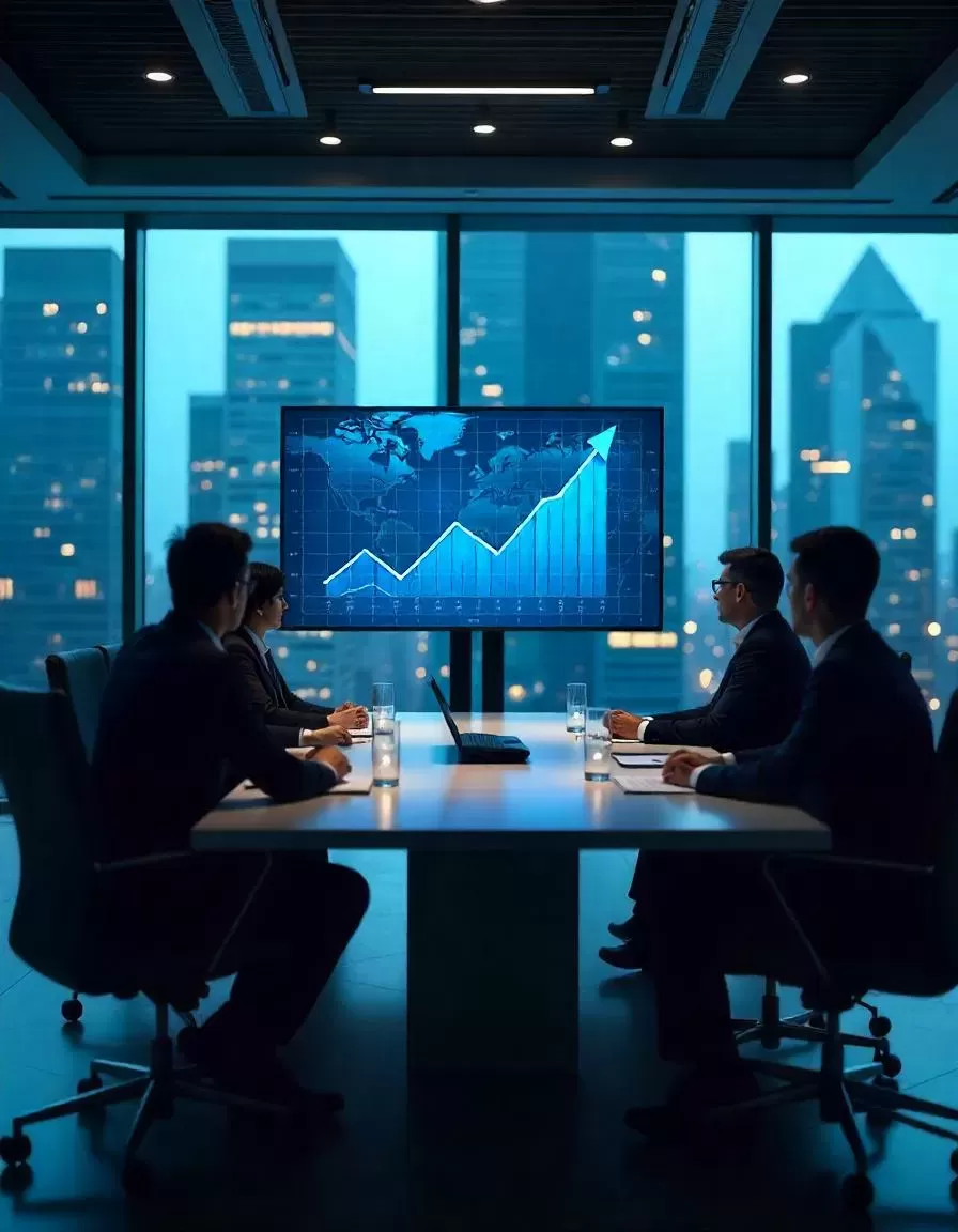 Equipo directivo de una gran empresa en una oficina a través de la cual se ve el skyline de una gran ciudad