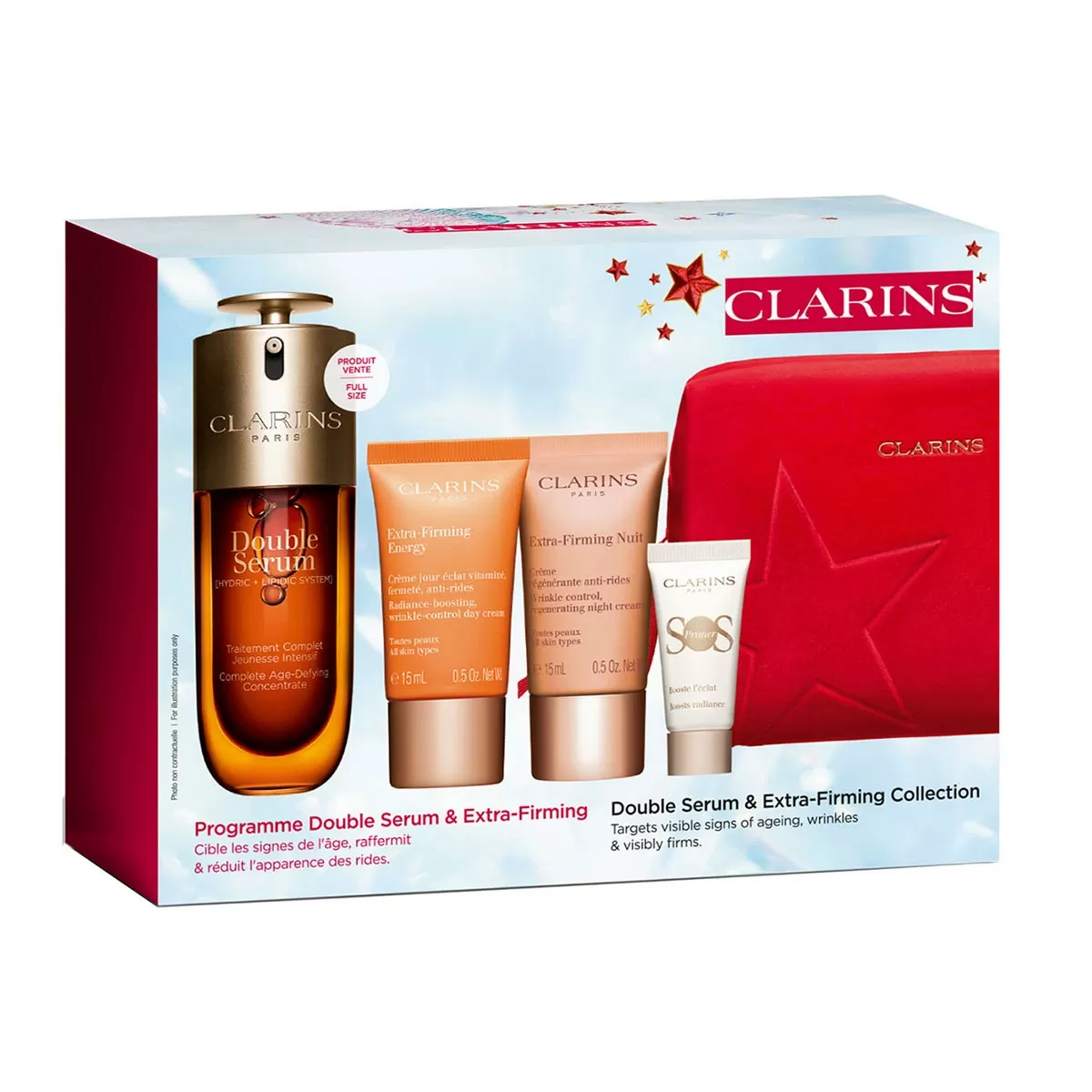 CLARINS DOUBLE-SERUM CREMA G9 50ML + CREMA DE DIA 15ML + CREMA DE NOCHE 15ML + SOS PRIMER MINIATURA 1U.