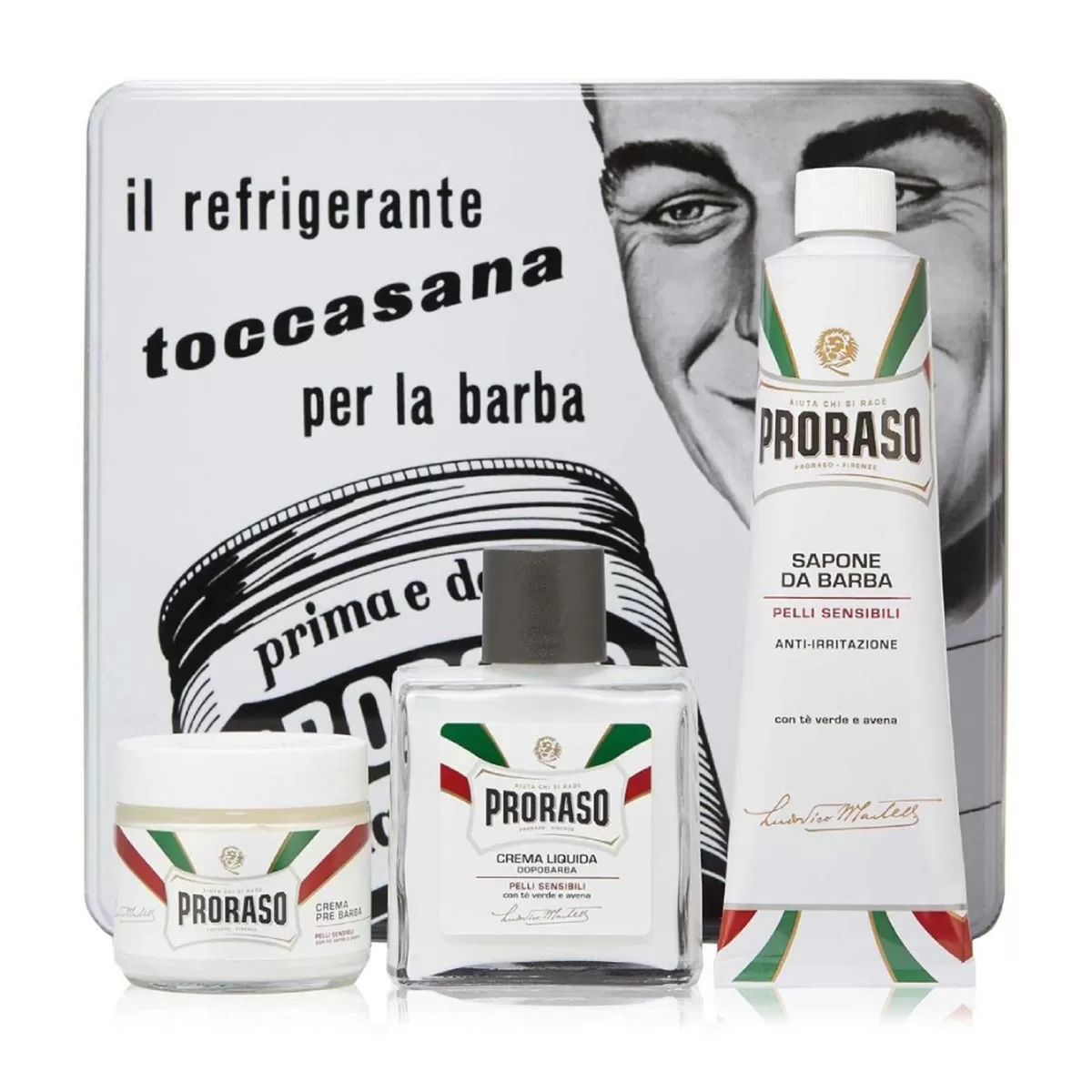 PRORASO TE VERDE JABÓN DE BARBA PIELES SENSIBLES 100ML + CREMA LIQUIDA 1U + CREMA PARA BARBA 1U