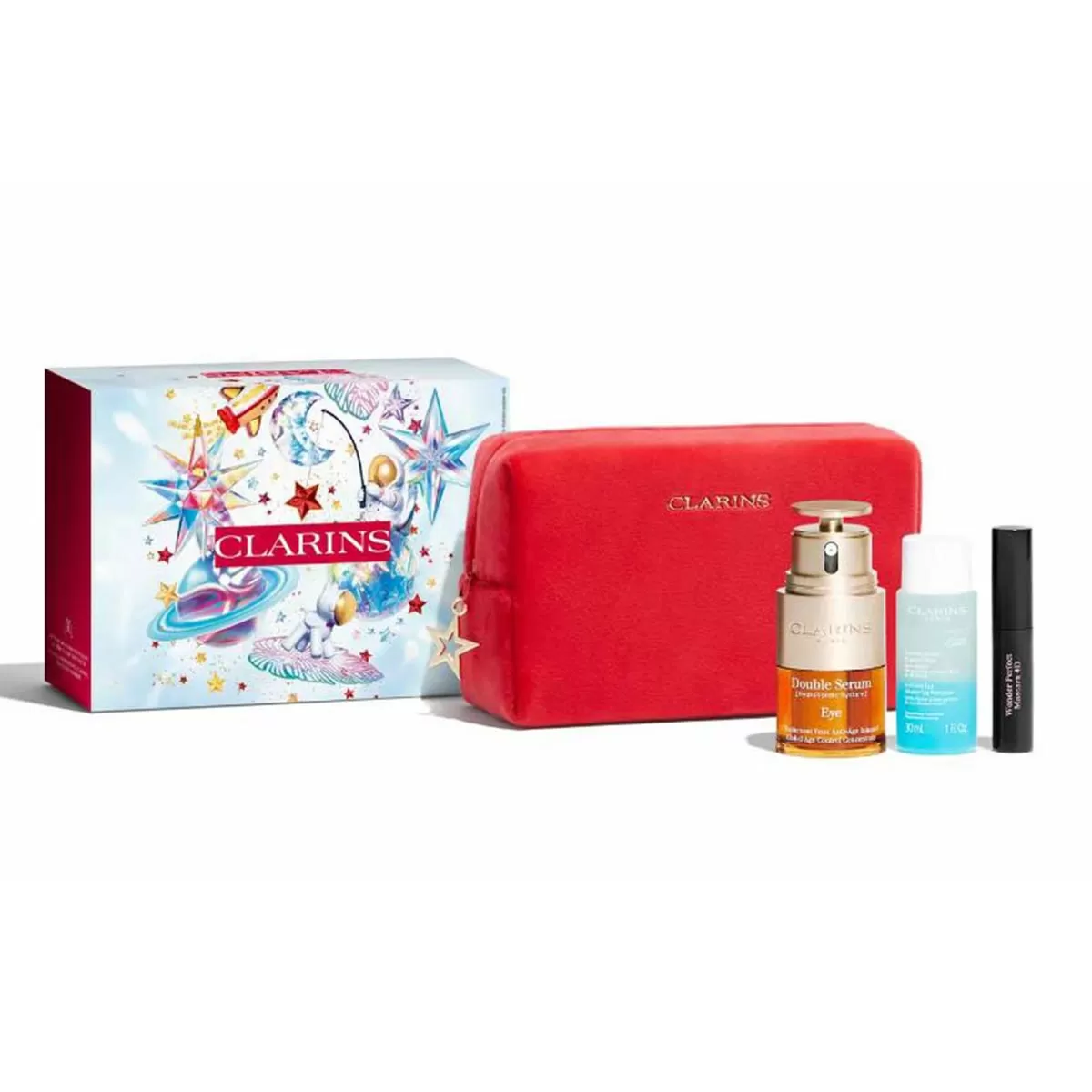 CLARINS DOUBLE-SERUM CREMA 20ML + LOCION DESMAQUILLANTE 30ML + MASCARA DE OJOS 4D MINIATURA 1UN.