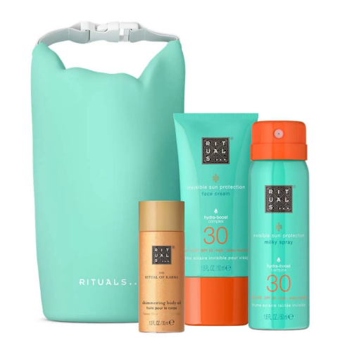 RITUALS OF KARMA SHIMMERING BODY OIL 30ML VAPORIZADOR + SUN FACE CREMA SPF30 50ML + MILKY SPRAY SPF30 50ML VAPORIZADOR