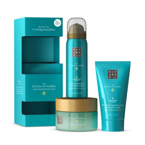RITUALS OF KARMA SOFTENINF BODY SCRUB 125ML + FOAMING SHOWER GEL 50ML + HYDRATING BODY CREAM 70ML