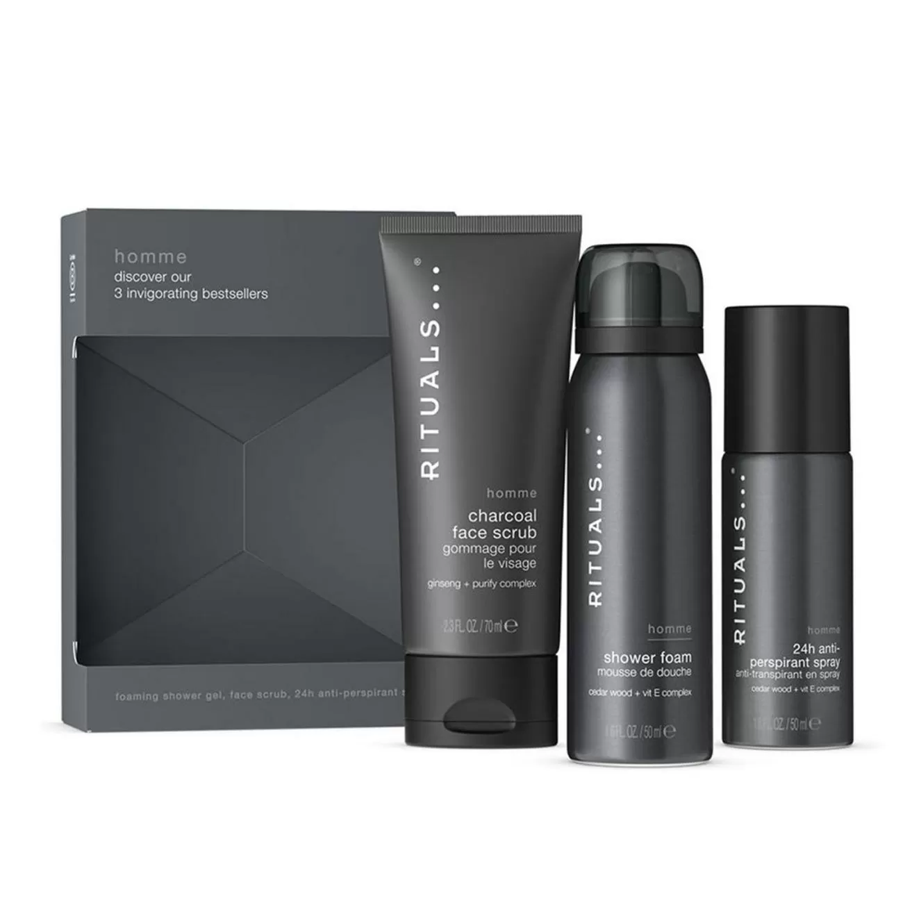 RITUALS HOMME EXFOLIANTE FACIAL 70ML VAPORIZADOR + SHOWER FOAM 70ML + DESODORANTE 24H 50ML VAPORIZADOR