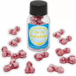 Imagen de DIABLO PICANTE BOTE 12 CARAMELOS DE LA FELICIDAD FORMA PENE FRESA/CEREZA