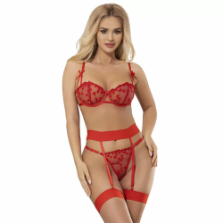 Imagen de SUJETADOR + TANGA + LIGUEROS ESTAMPADO DE CORAZONES ROJO
