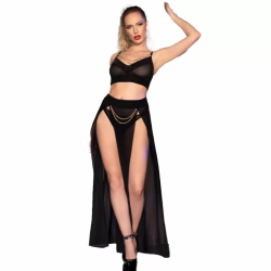 Imagen de CR 4672 TOP NEGRO FALDA Y TANGA CON CADENAS DORADAS