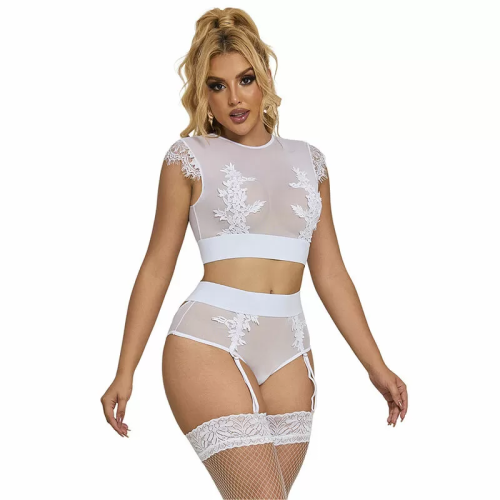 954031 SUJETADOR + PANTIES CON LIGUERO BLANCO S/M