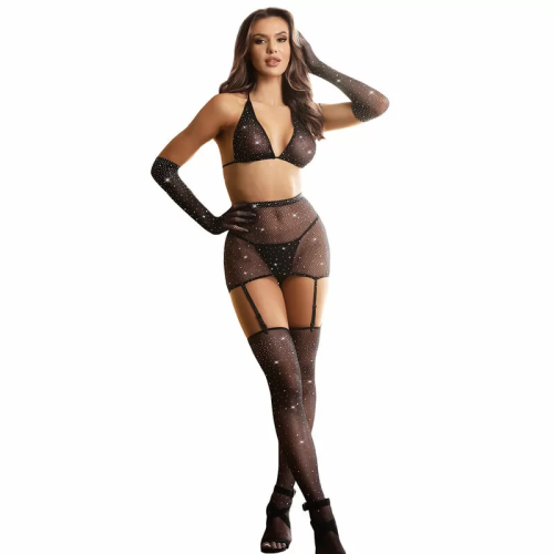 952174 BODYSTOCKING DE REJILLA CON GUANTES Y DIAMANTES NEGRO TALLA ÚNICA