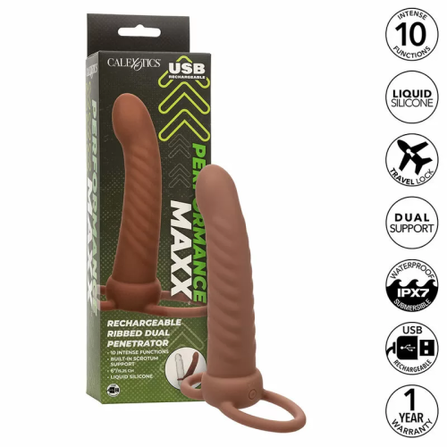 CALEXOTICS MAXX DOBLE PENETRADOR ACANALADO 10 VIBRACIONES MULATO