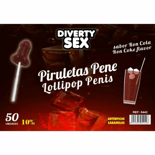 DIABLO GOLOSO 50 PIRULETAS PENE RON COLA 10% ALCOHOL