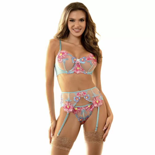 954109 SUJETADOR + PANTIES CON LIGUERO DISEÑO FLORAL AZUL S/M