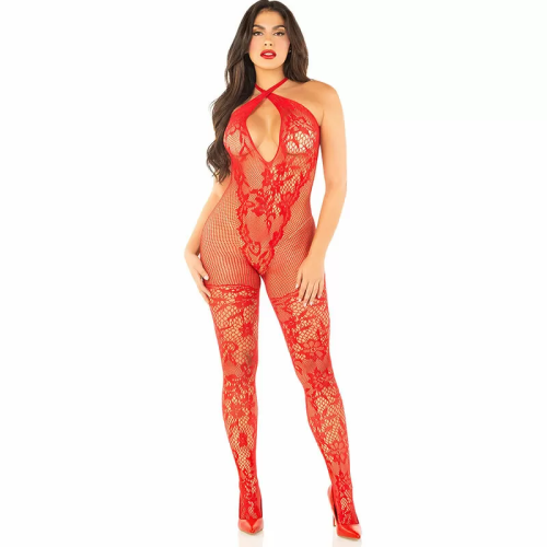 BODYSTOCKING DE REJILLA CON ESTAMPADO DE FLORES ROJO TALLA ÚNICA