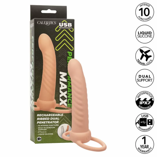 CALEXOTICS MAXX DOBLE PENETRADOR ACANALADO 10 VIBRACIONES NATURAL