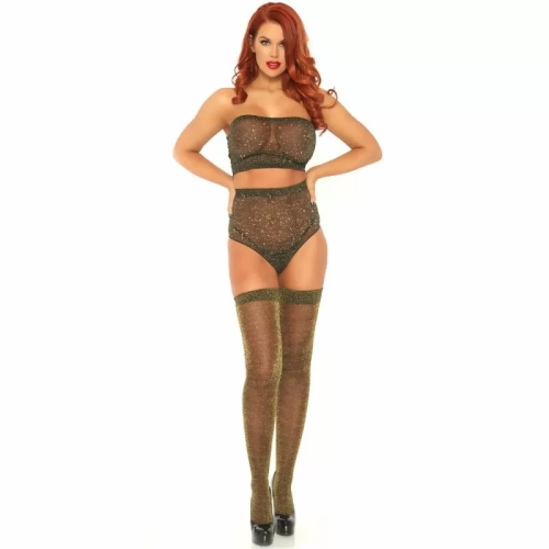 LEG AVENUE SET DOS PIEZAS TOP Y PANTY DE LUREX BRILLANTE DORADO TALLA UNICA